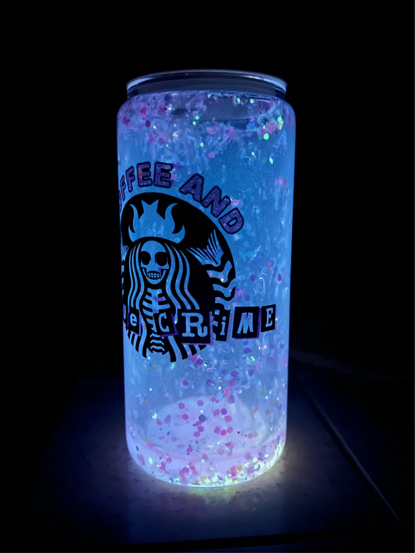 Coffee and True Crime- Glow in the Dark Snowglobe Tumbler