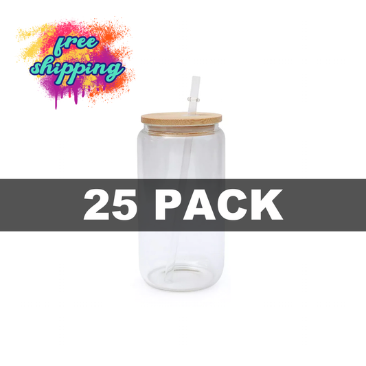 25 PACK - 16oz Clear Sublimation Glasses with Bamboo Lid and Straw - FREE SHIPPING IN US