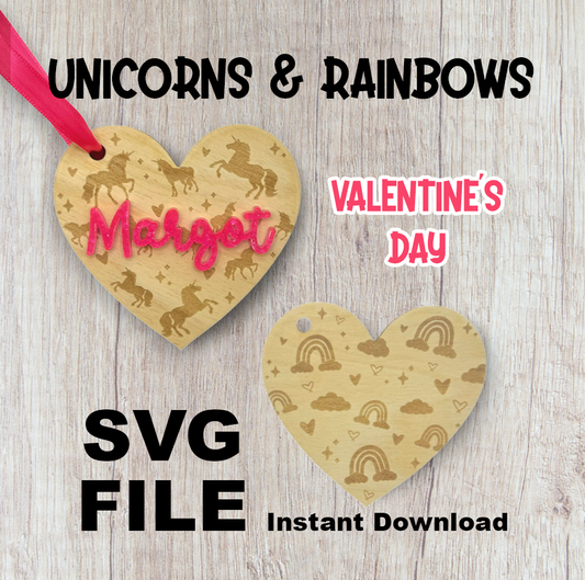 Unicorns and Rainbows Valentine's Day Heart Tag SVG Cut Files - Instant Download