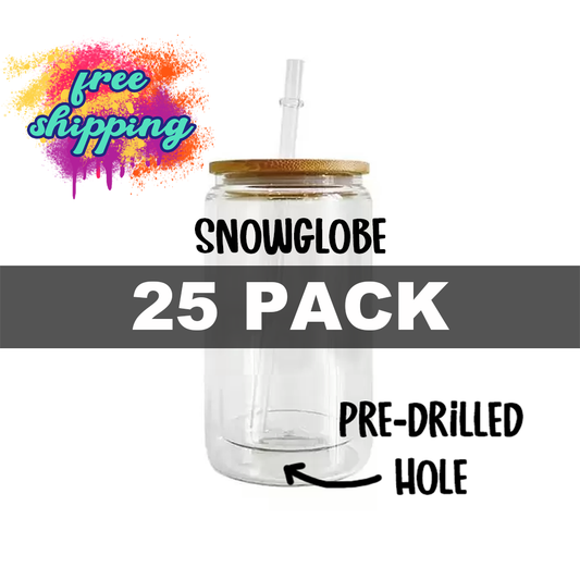 20oz Clear Glass Snow Globe Tumbler with Bamboo Lid and Straw - 25 PACK