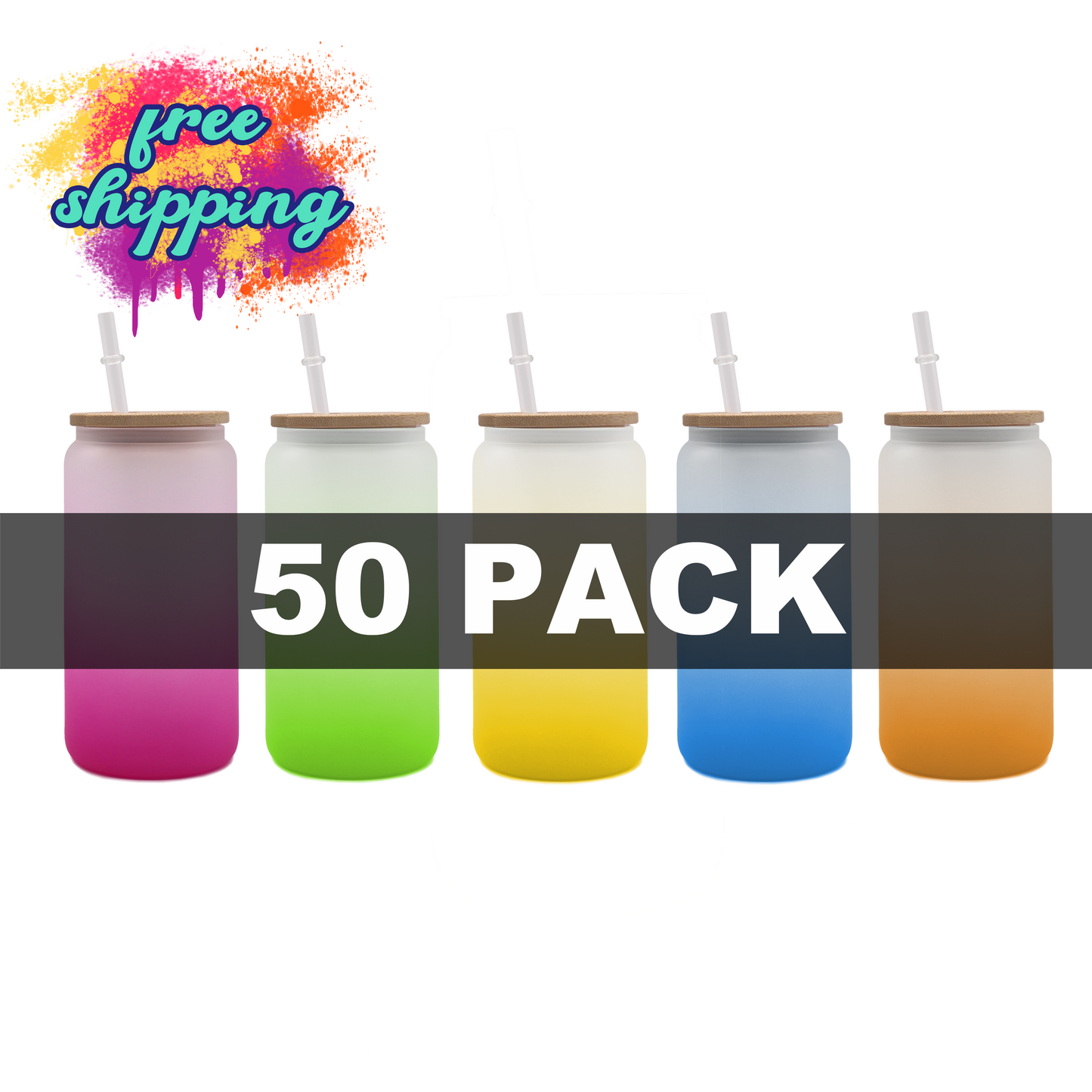 16oz Ombre Sublimation Glass Tumbler with Bamboo Lid and Straw - 50 PACK
