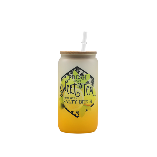 16oz Sweet Tea for One Salty Bitch Ombre Glass Can with Bamboo Lid and Straw