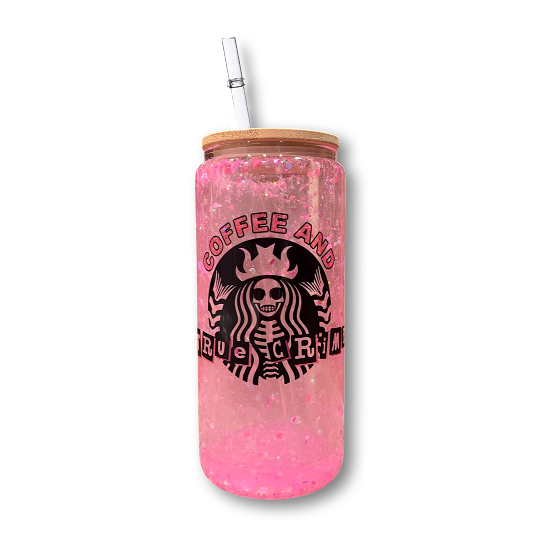 Coffee and True Crime- Glow in the Dark Snowglobe Tumbler