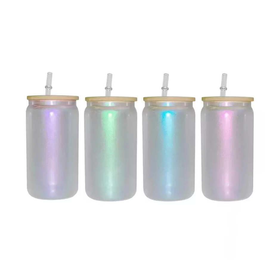 16oz Iridescent Sublimation Glass Tumblers with Bamboo Lid and Straw