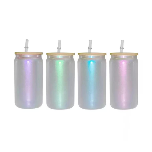 16oz Iridescent Sublimation Glass Tumblers with Bamboo Lid and Straw
